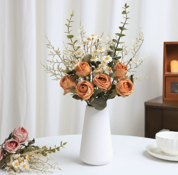 Rose and Daisy Bouquet, Artificial Dried Flower Bouquet, Suitable for Living Room, Dining Room, and Tea Room