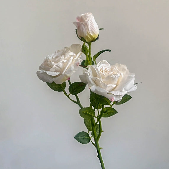 French-style Artificial Rose, Single Stem with 3 Heads, Vintage Style with Burnt Edges