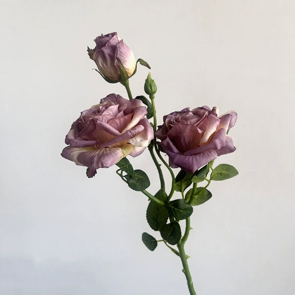 French-style Artificial Rose, Single Stem with 3 Heads, Vintage Style with Burnt Edges
