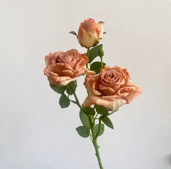 French-style Artificial Rose, Single Stem with 3 Heads, Vintage Style with Burnt Edges