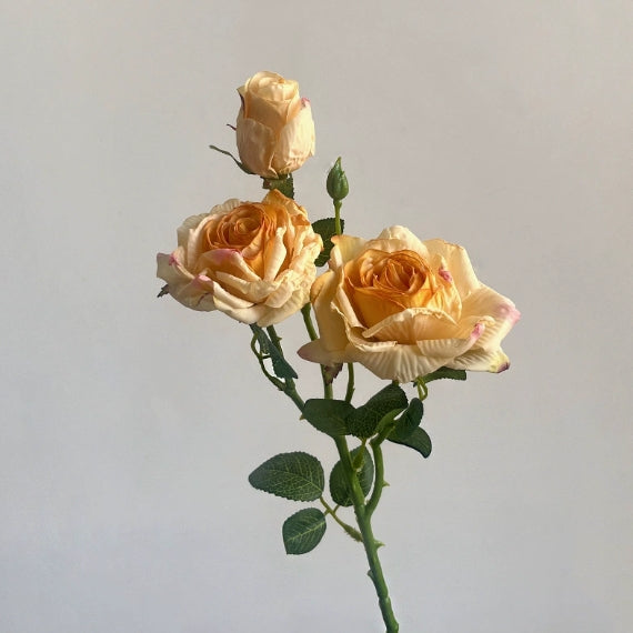 French-style Artificial Rose, Single Stem with 3 Heads, Vintage Style with Burnt Edges