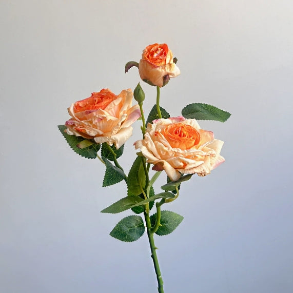 French-style Artificial Rose, Single Stem with 3 Heads, Vintage Style with Burnt Edges