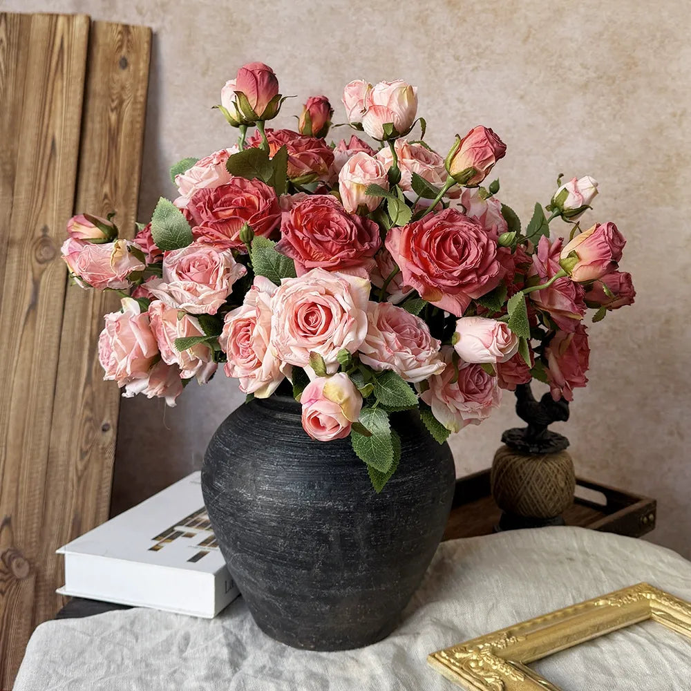 French-style Artificial Rose, Single Stem with 3 Heads, Vintage Style with Burnt Edges