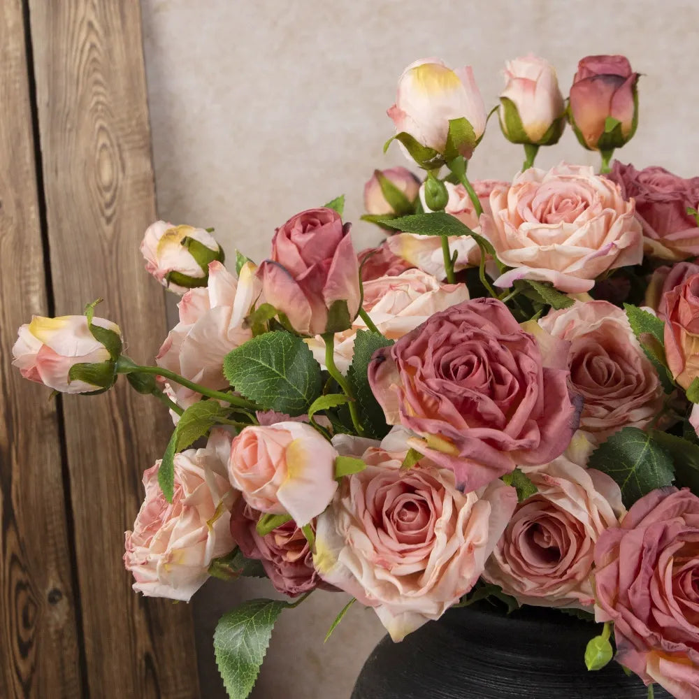 French-style Artificial Rose, Single Stem with 3 Heads, Vintage Style with Burnt Edges