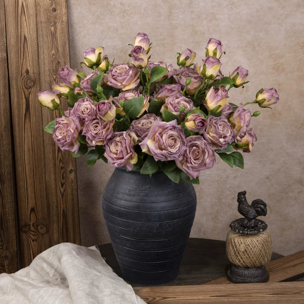 French-style Artificial Rose, Single Stem with 3 Heads, Vintage Style with Burnt Edges