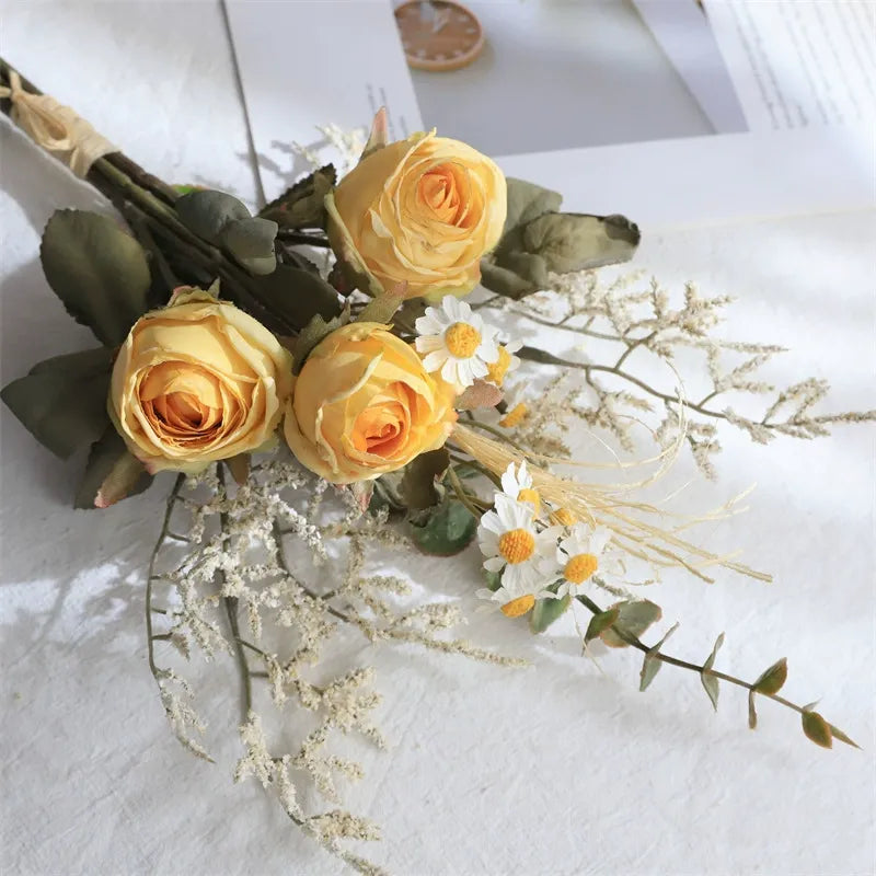 Rose and Daisy Bouquet, Artificial Dried Flower Bouquet, Suitable for Living Room, Dining Room, and Tea Room