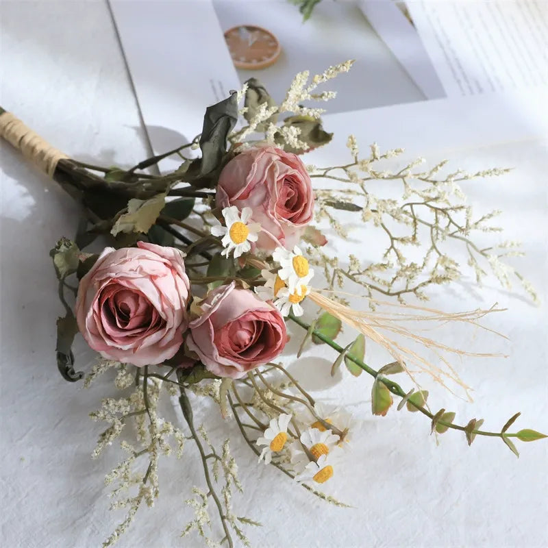 Rose and Daisy Bouquet, Artificial Dried Flower Bouquet, Suitable for Living Room, Dining Room, and Tea Room