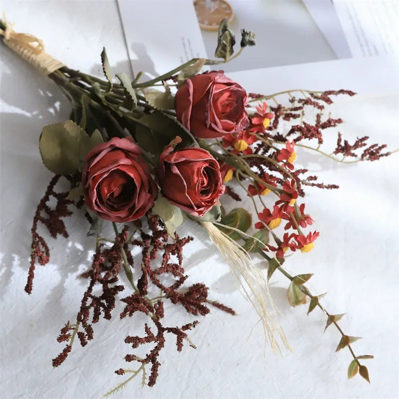 Rose and Daisy Bouquet, Artificial Dried Flower Bouquet, Suitable for Living Room, Dining Room, and Tea Room