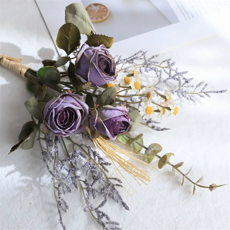 Rose and Daisy Bouquet, Artificial Dried Flower Bouquet, Suitable for Living Room, Dining Room, and Tea Room