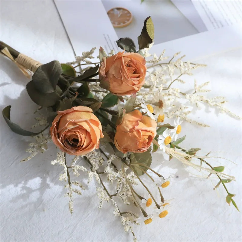 Rose and Daisy Bouquet, Artificial Dried Flower Bouquet, Suitable for Living Room, Dining Room, and Tea Room