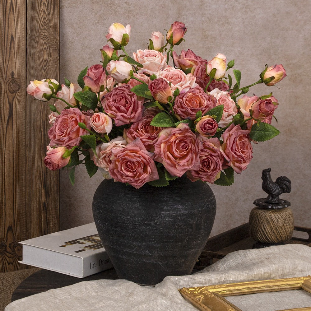 French-style Artificial Rose, Single Stem with 3 Heads, Vintage Style with Burnt Edges