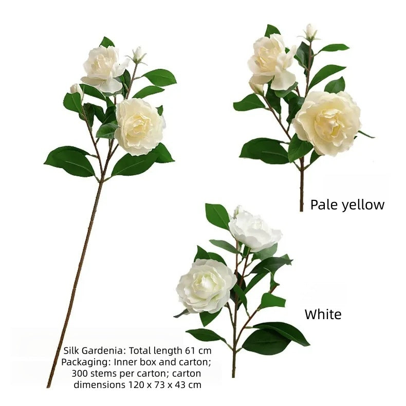 Single-stem artificial gardenia flower—decorative floral accent for dining tables, living rooms, bedrooms, and home interiors.