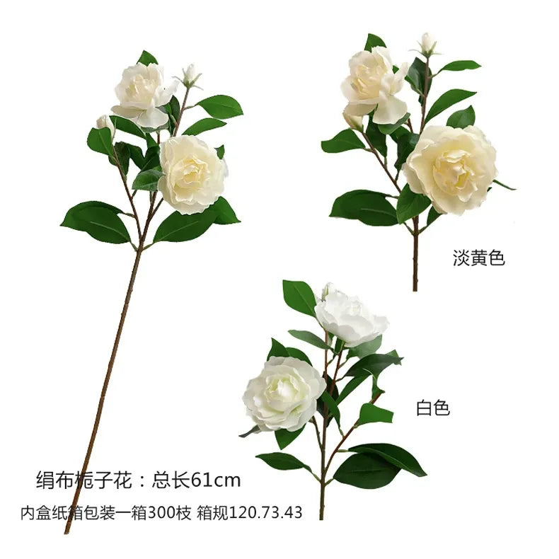 Single-stem artificial gardenia flower—decorative floral accent for dining tables, living rooms, bedrooms, and home interiors.